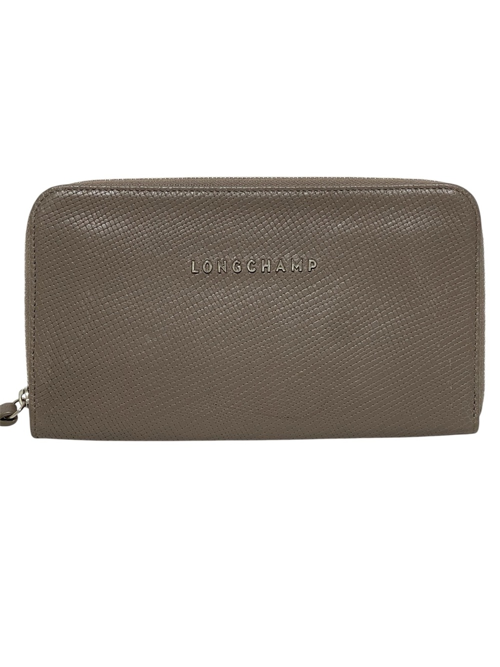 Longchamp Taupe Textured Zip-Around Leather Wallet Clutch Multi-Pockets Neutral